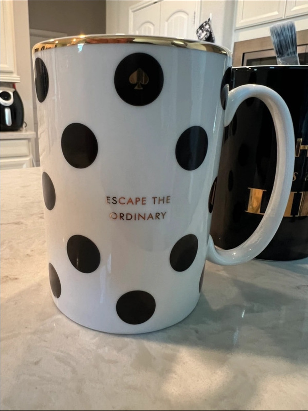 kate spade White and Black Polka Dot Mug with Gold Trim